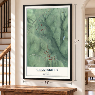 Grantsburg, Indiana map, 24 x 36 inch print in a black frame by a staircase
