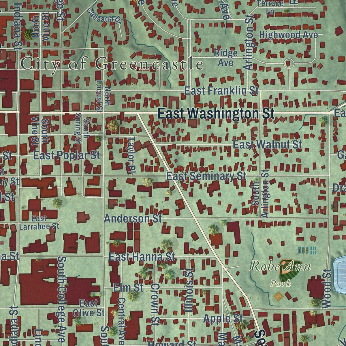 Close-up of the map of Greencastle, Indiana print showing street and building detail