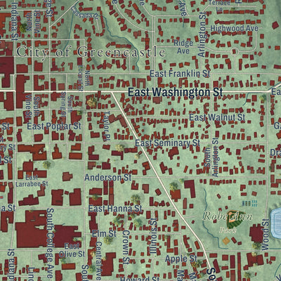 Close-up of the map of Greencastle, Indiana print showing street and building detail
