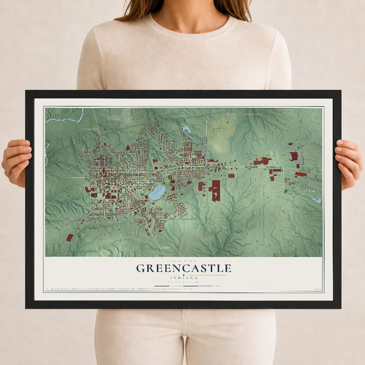 Map of Greencastle, Indiana, 12 x 18 inch print in a black wood frame