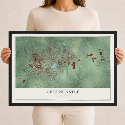 Map of Greencastle, Indiana, 12 x 18 inch print in a black wood frame