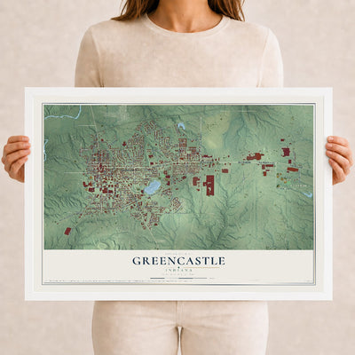 Map of Greencastle, Indiana, 12 x 18 inch print in a white wood frame
