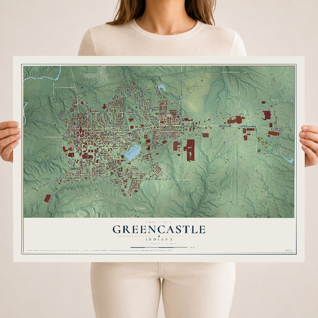 Map of Greencastle, Indiana, 18 x 24 inch unframed archival matte print