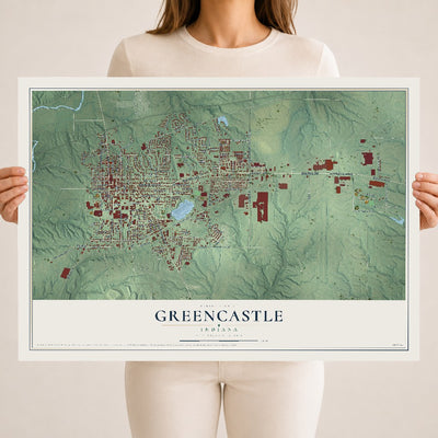 Map of Greencastle, Indiana, 18 x 24 inch unframed archival matte print