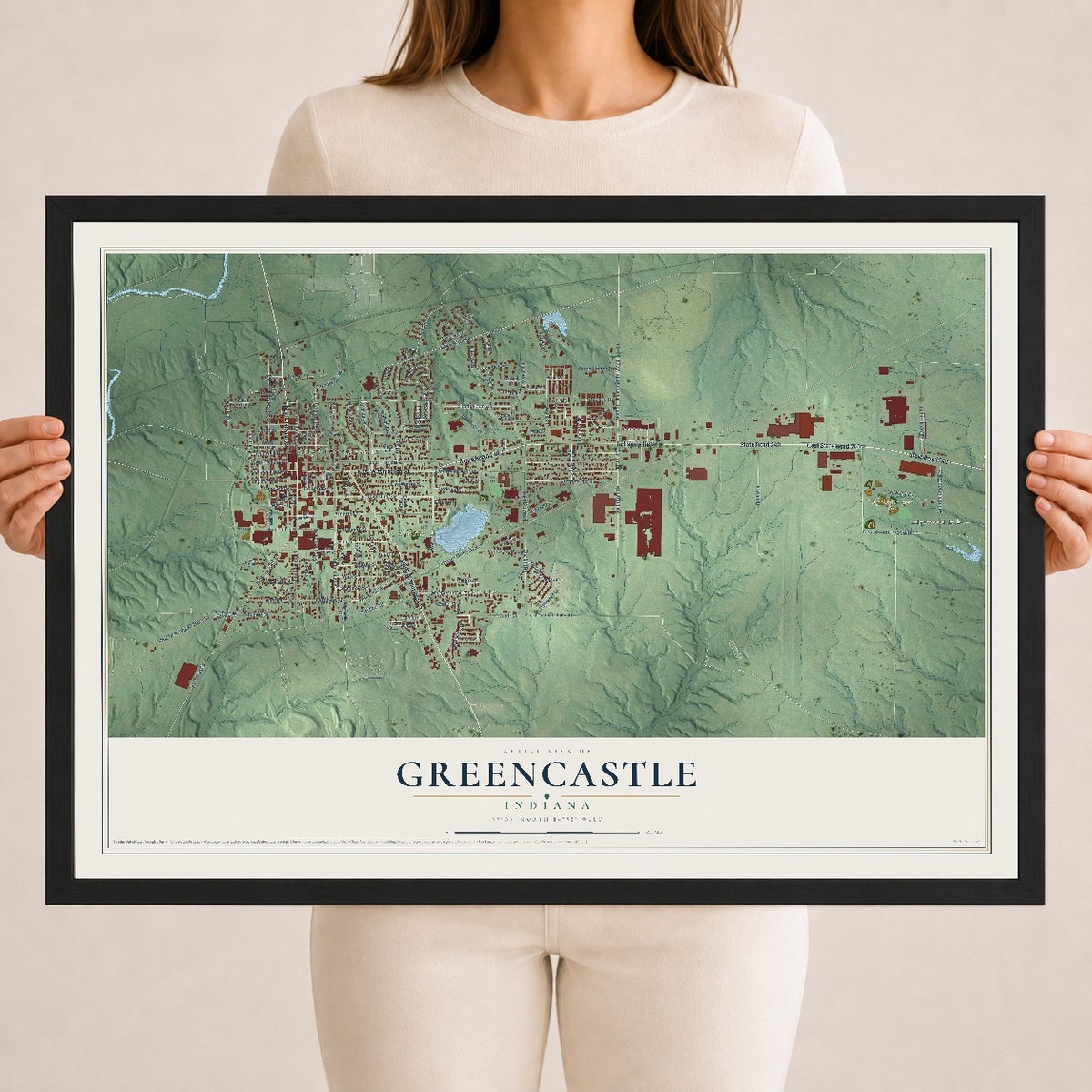 Map of Greencastle, Indiana, 18 x 24 inch print in a black wood frame