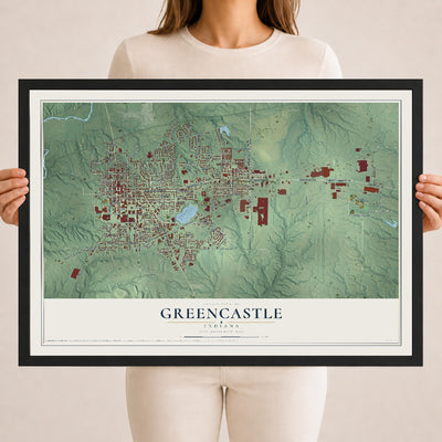 Map of Greencastle, Indiana, 18 x 24 inch print in a black wood frame