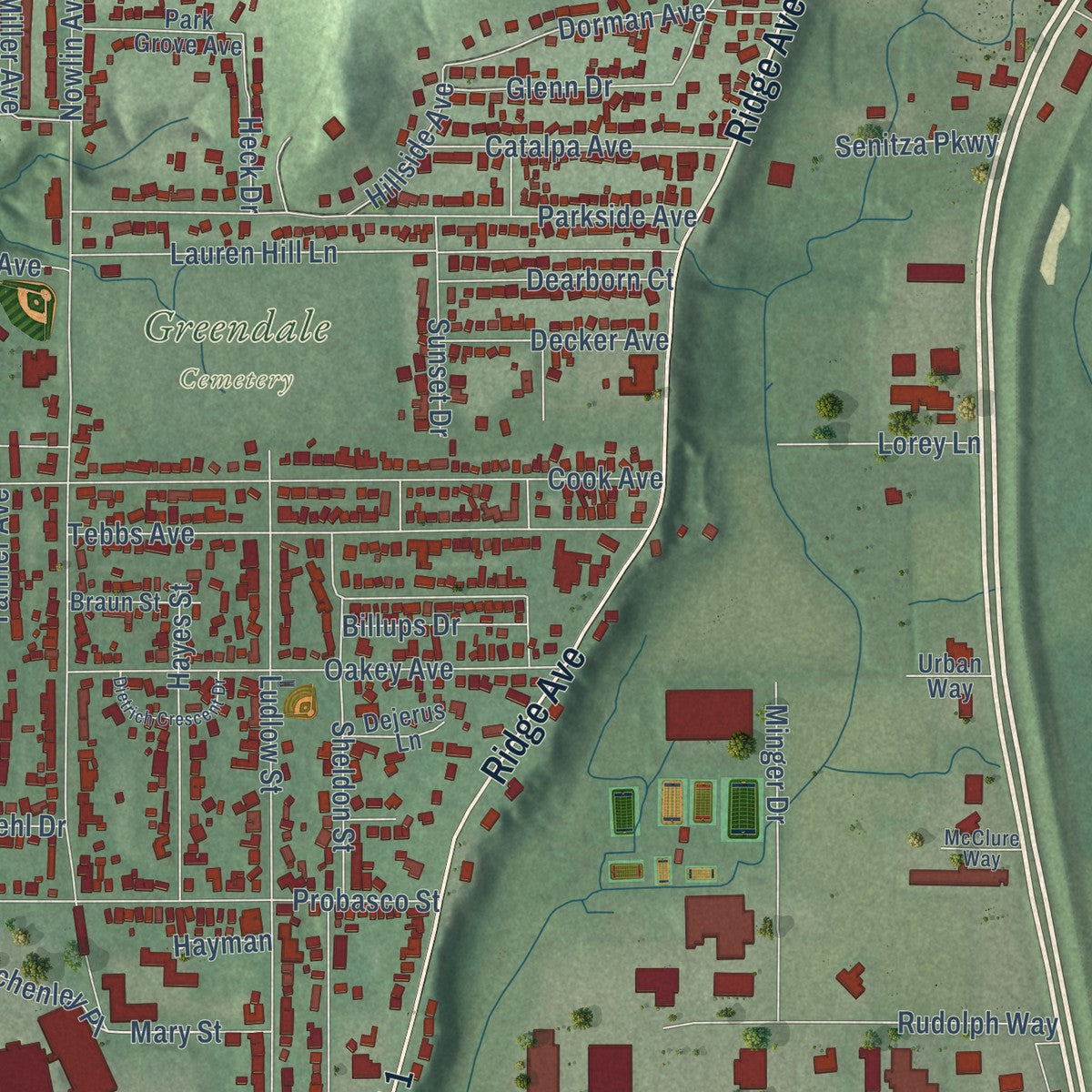 Close-up of the map of Greendale, Indiana print showing street and building detail