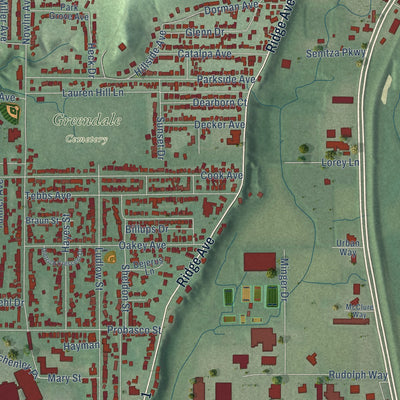 Close-up of the map of Greendale, Indiana print showing street and building detail
