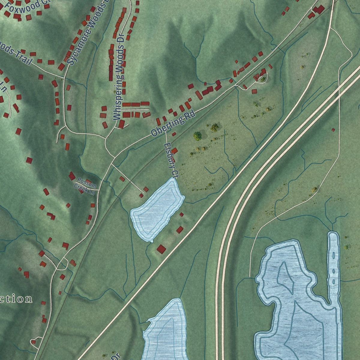 Second close-up of the map of Greendale, Indiana print showing more streets and buildings