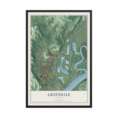 Map of Greendale, Indiana, 12 x 18 inch print in a black wood frame