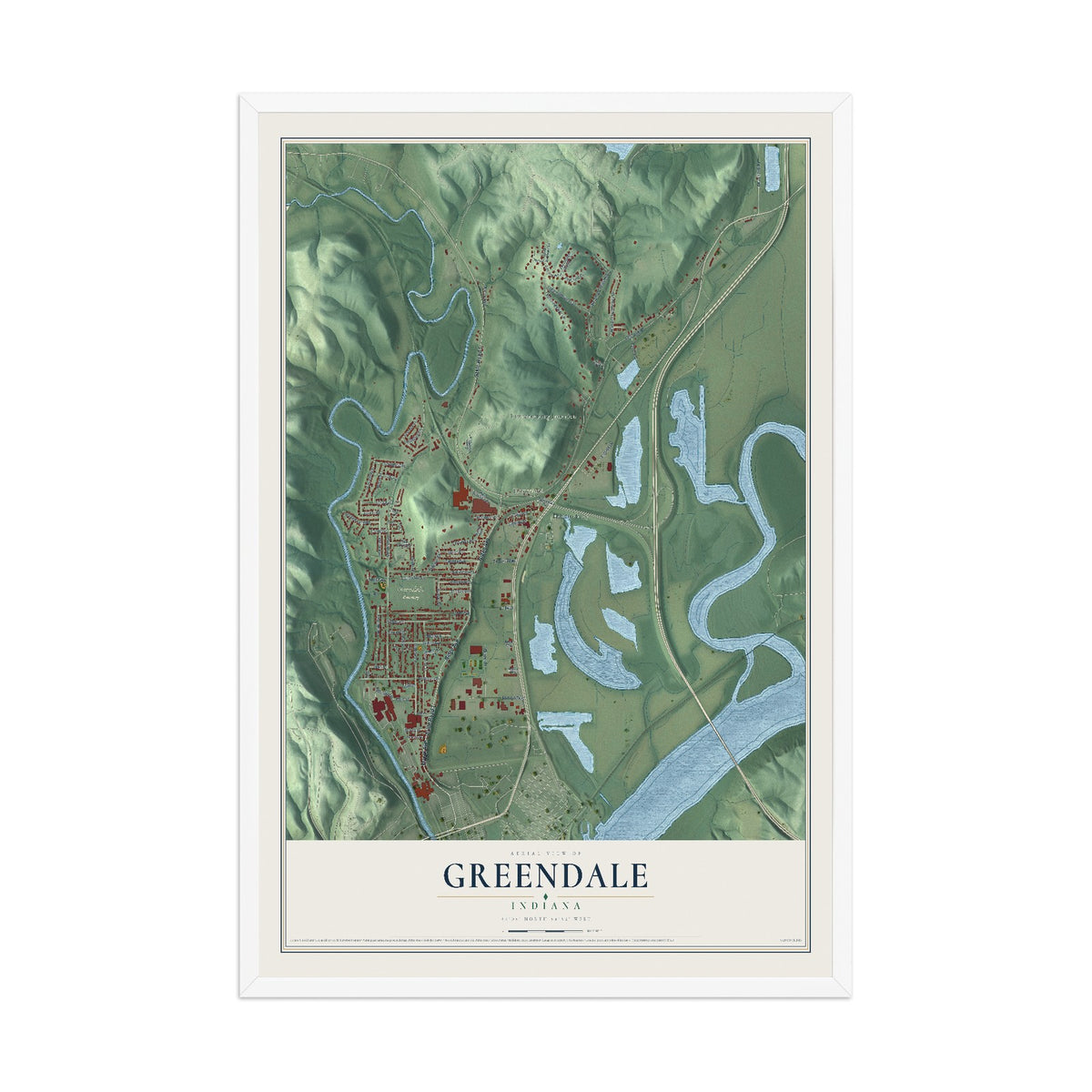 Map of Greendale, Indiana, 12 x 18 inch print in a white wood frame