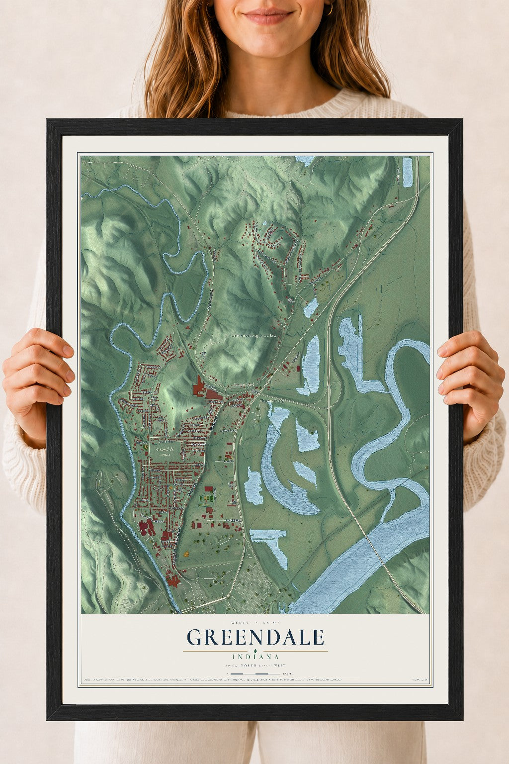 Map of Greendale, Indiana, 18 x 24 inch print in a black wood frame