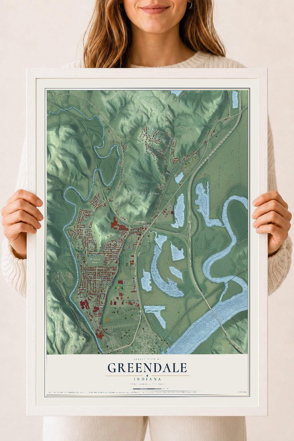 Map of Greendale, Indiana, 18 x 24 inch print in a white wood frame