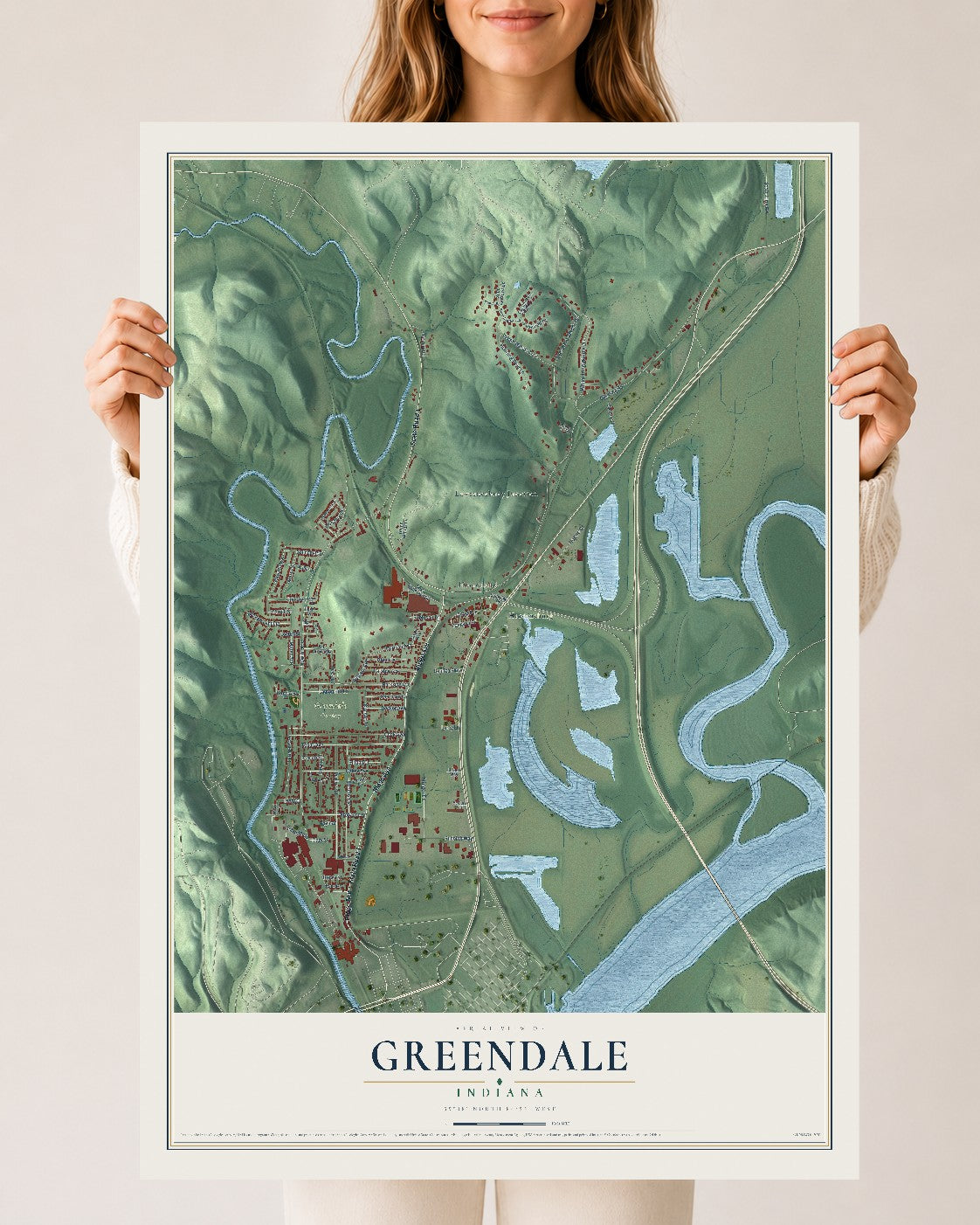 Map of Greendale, Indiana, 24 x 36 inch unframed archival matte print