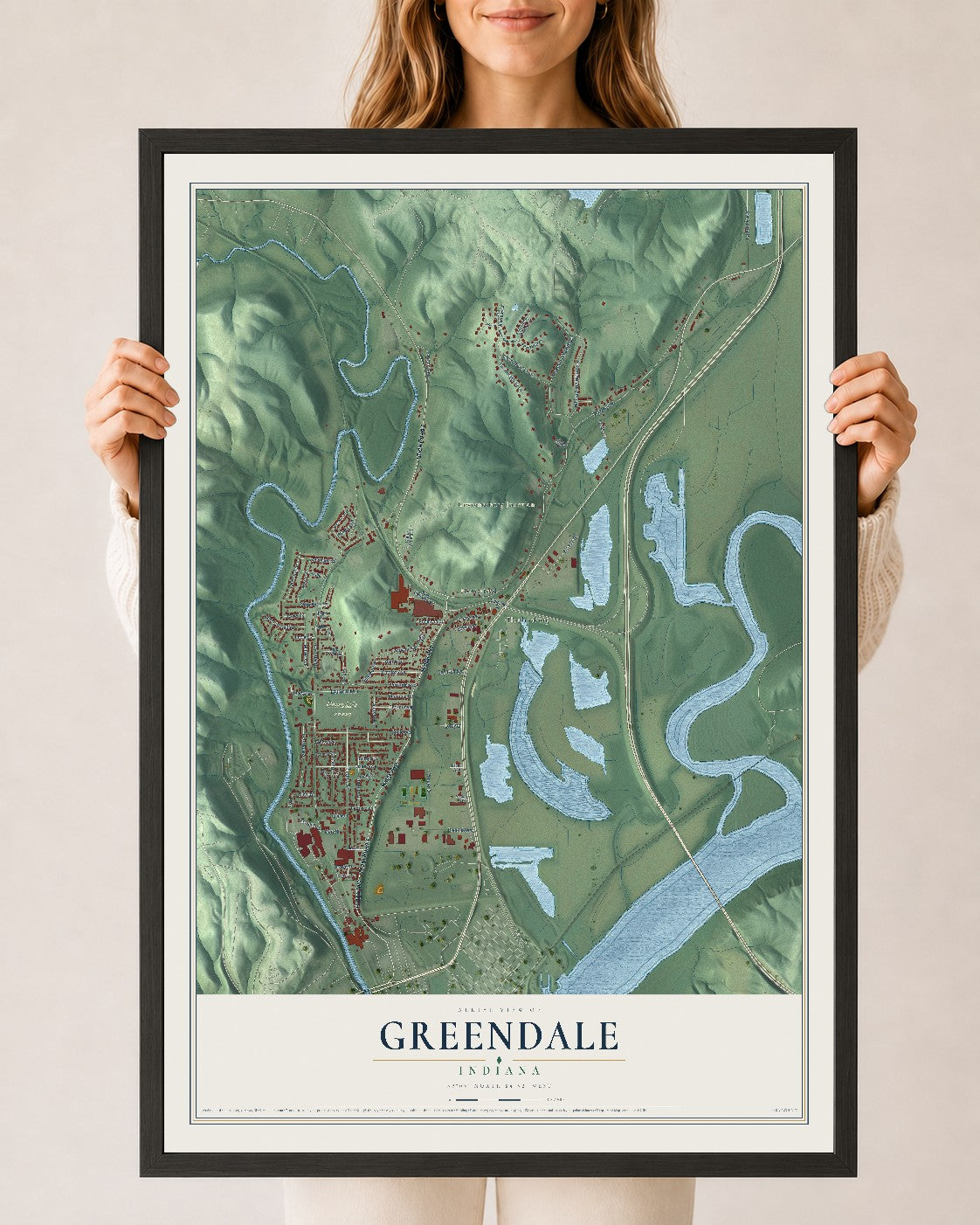Map of Greendale, Indiana, 24 x 36 inch print in a black wood frame