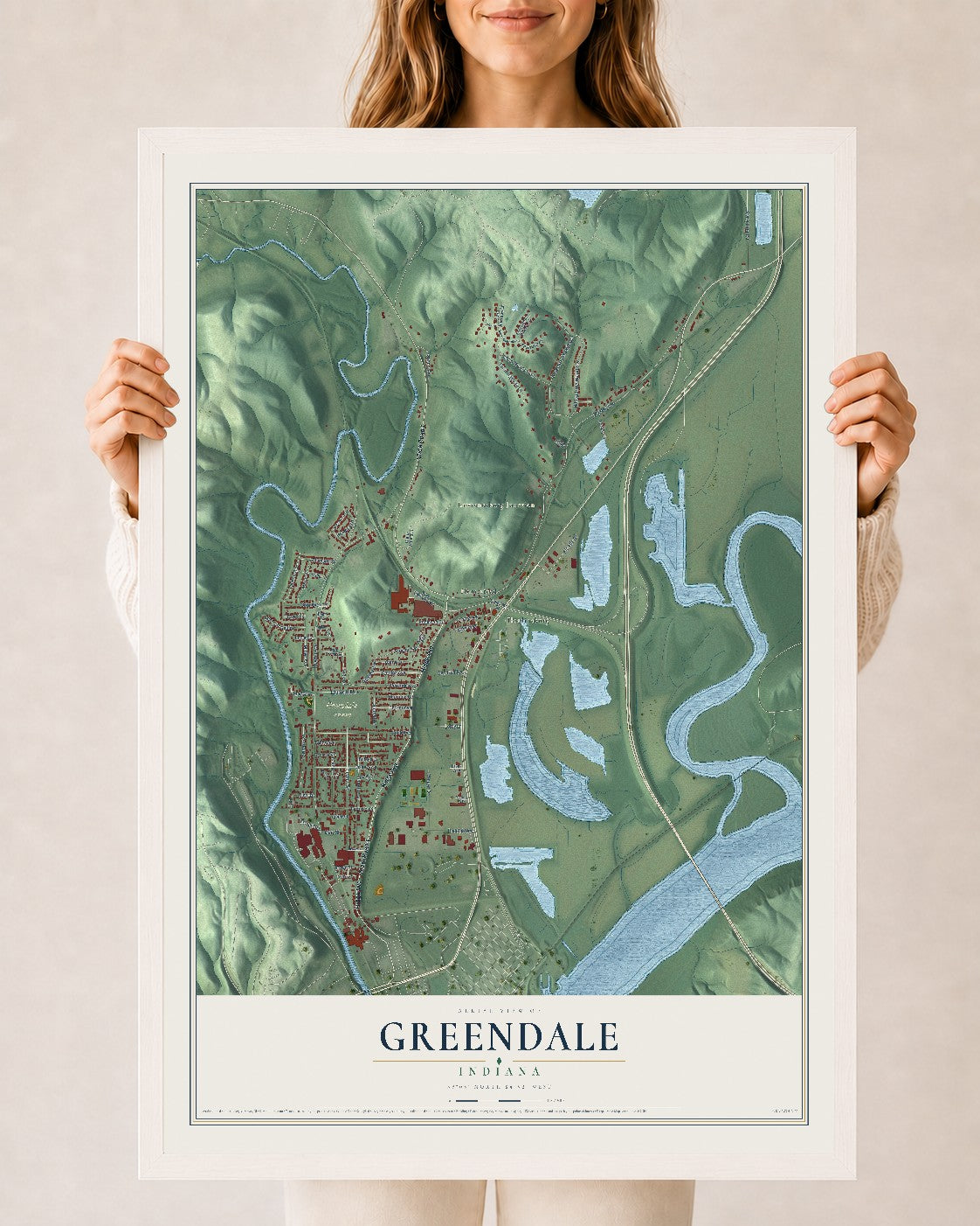 Map of Greendale, Indiana, 24 x 36 inch print in a white wood frame