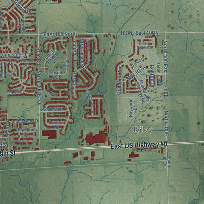 Second close-up of the map of Greenfield, Indiana print showing more streets and buildings