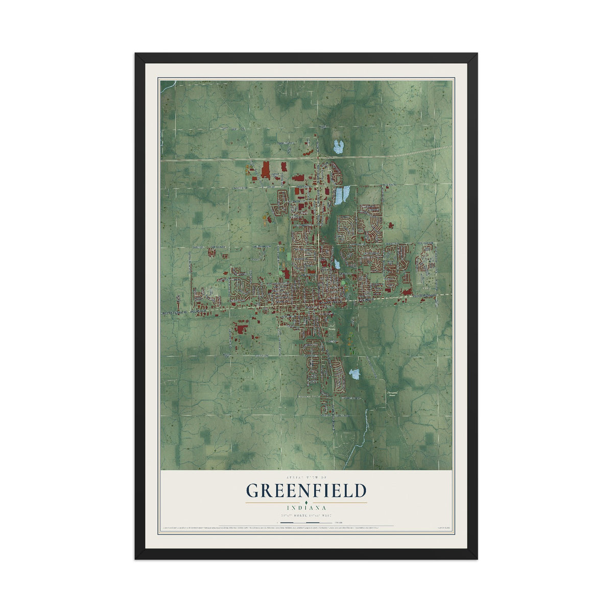 Map of Greenfield, Indiana, 12 x 18 inch print in a black wood frame