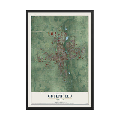 Map of Greenfield, Indiana, 12 x 18 inch print in a black wood frame