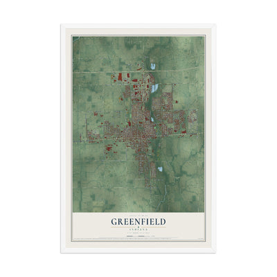 Map of Greenfield, Indiana, 12 x 18 inch print in a white wood frame