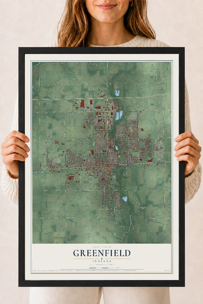 Map of Greenfield, Indiana, 18 x 24 inch print in a black wood frame
