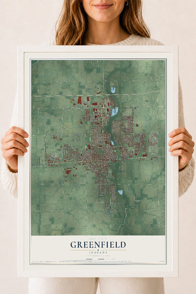 Map of Greenfield, Indiana, 18 x 24 inch print in a white wood frame