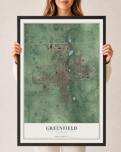 Map of Greenfield, Indiana, 24 x 36 inch print in a black wood frame