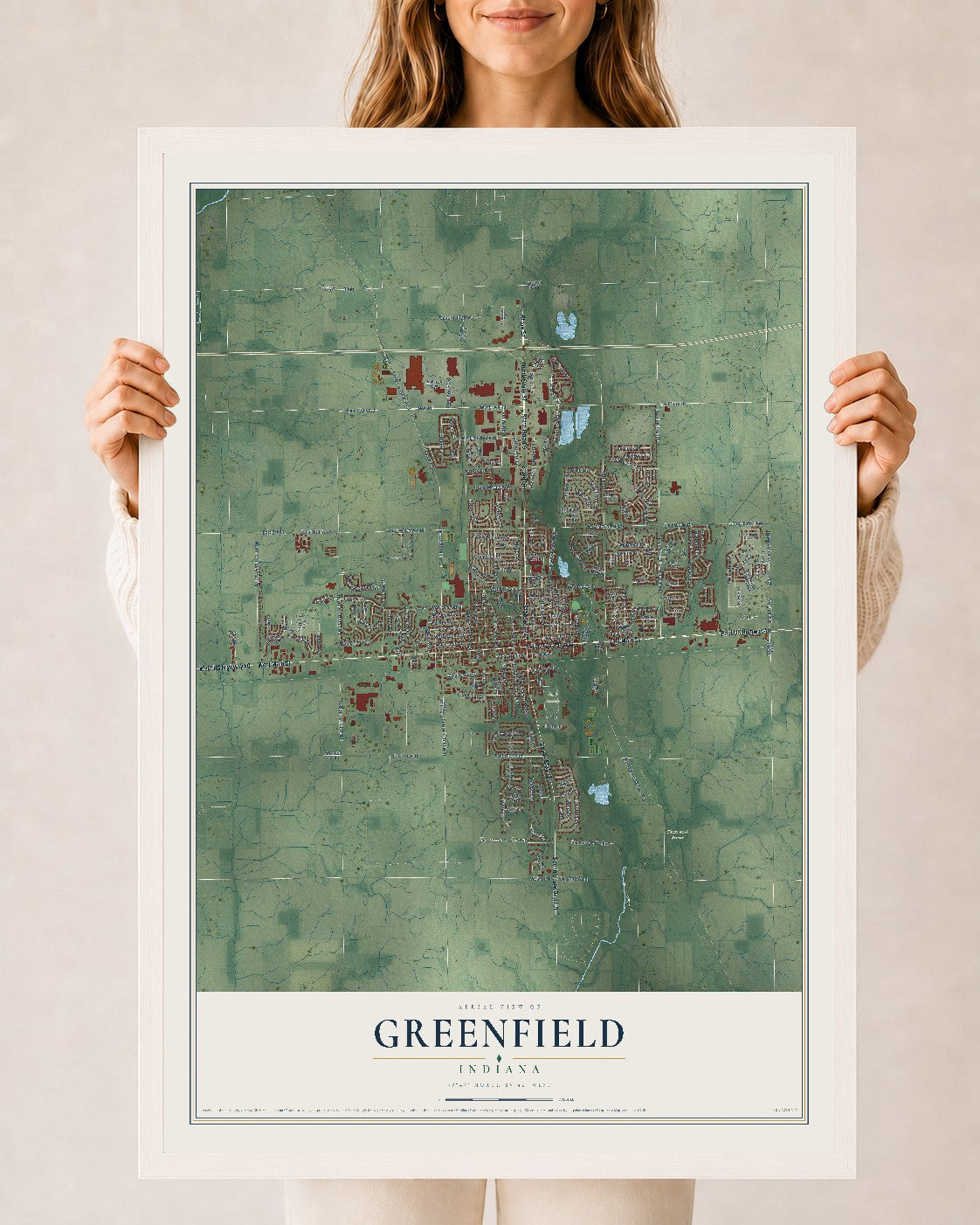 Map of Greenfield, Indiana, 24 x 36 inch print in a white wood frame
