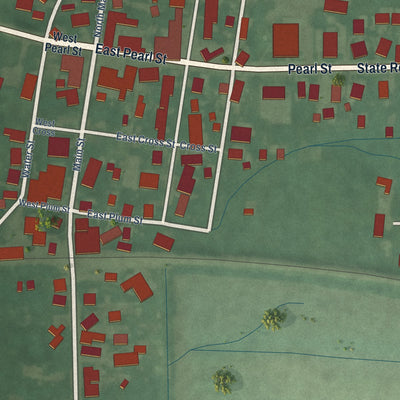 Close-up of the map of Greens Fork, Indiana print showing street and building detail