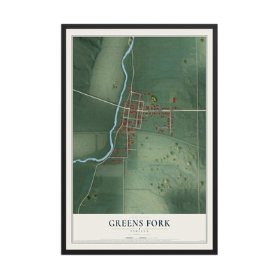 Map of Greens Fork, Indiana, 12 x 18 inch print in a black wood frame