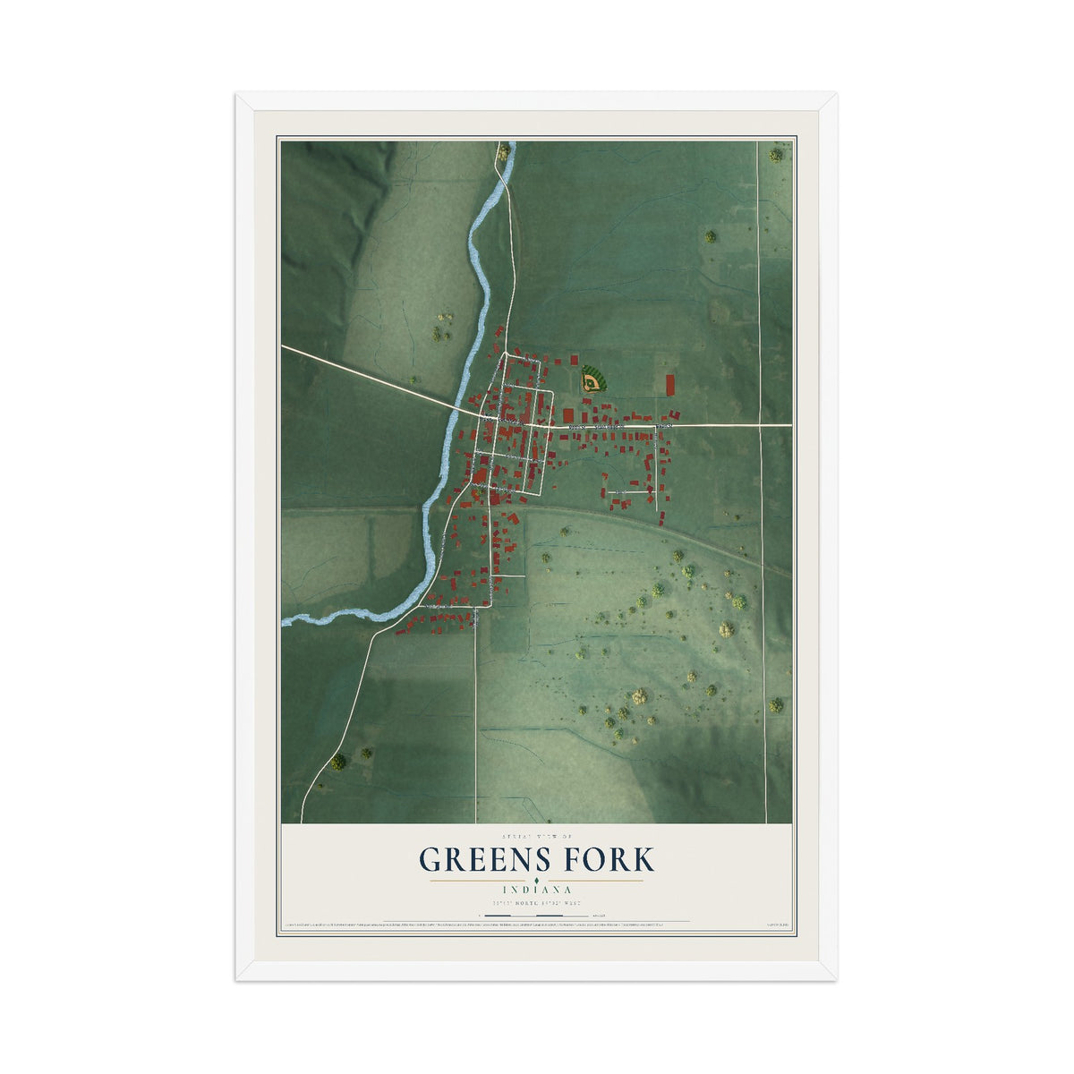 Map of Greens Fork, Indiana, 12 x 18 inch print in a white wood frame