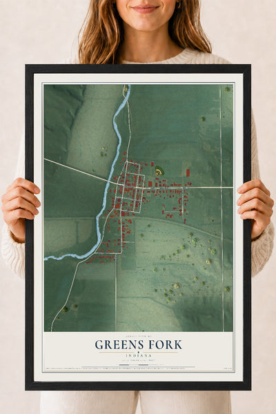 Map of Greens Fork, Indiana, 18 x 24 inch print in a black wood frame