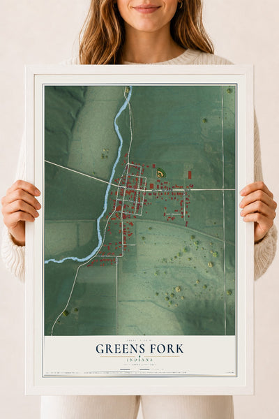Map of Greens Fork, Indiana, 18 x 24 inch print in a white wood frame