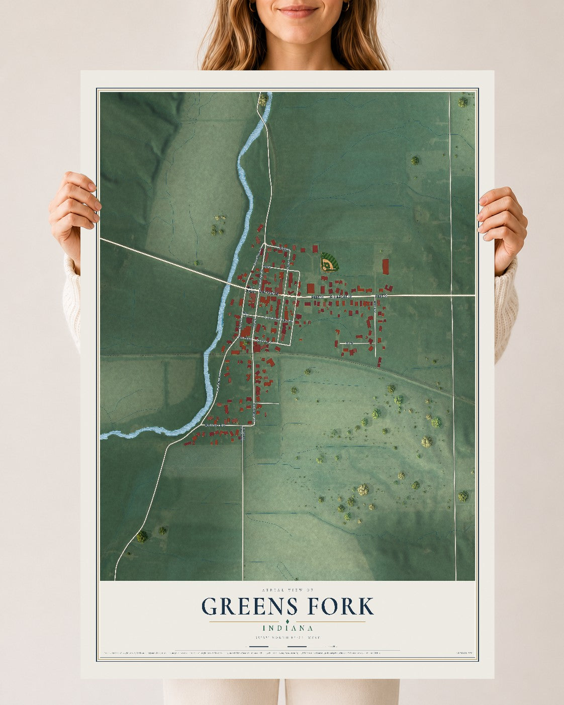 Map of Greens Fork, Indiana, 24 x 36 inch unframed archival matte print