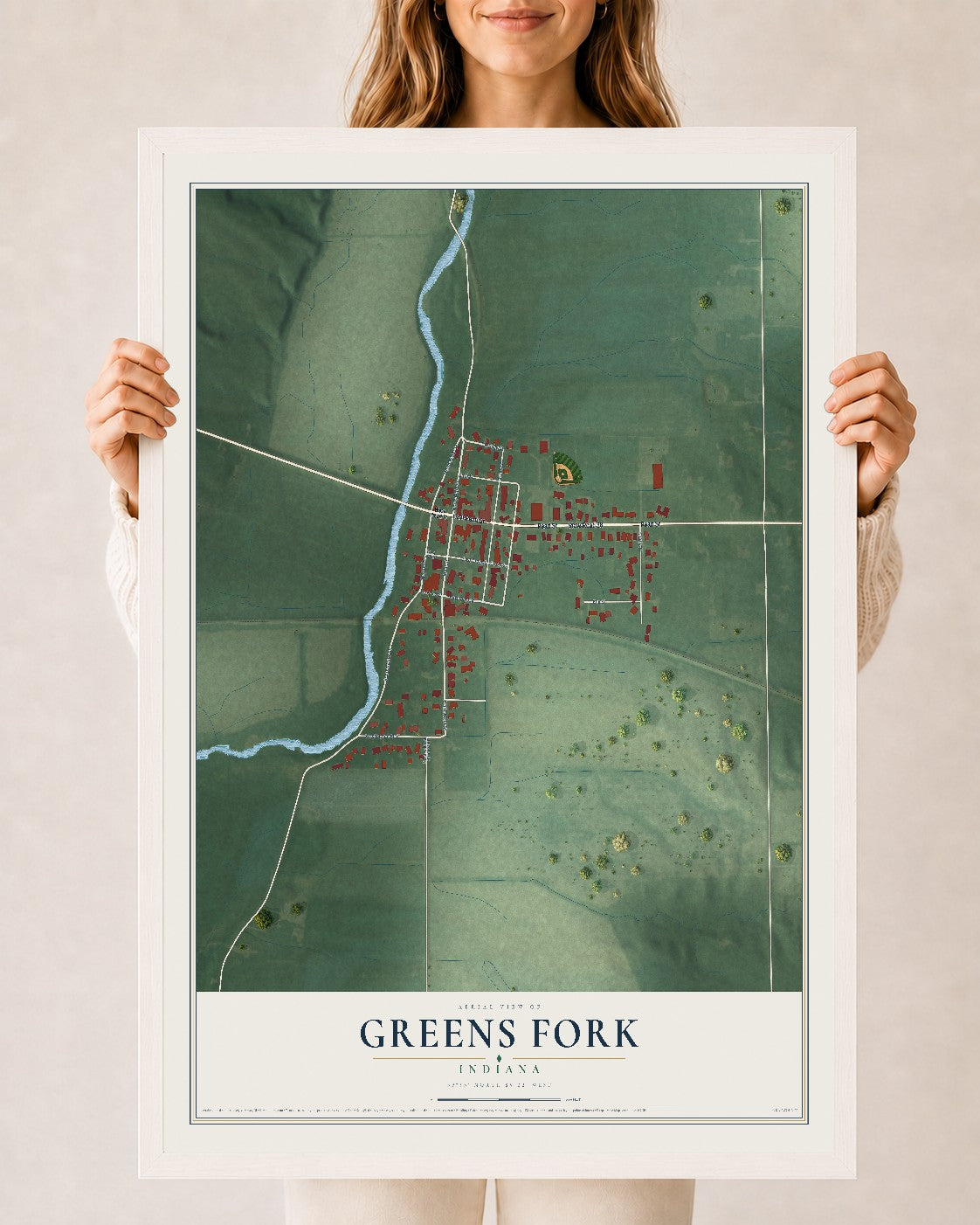 Map of Greens Fork, Indiana, 24 x 36 inch print in a white wood frame