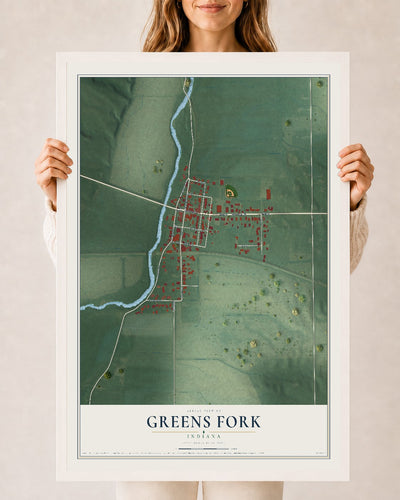Map of Greens Fork, Indiana, 24 x 36 inch print in a white wood frame