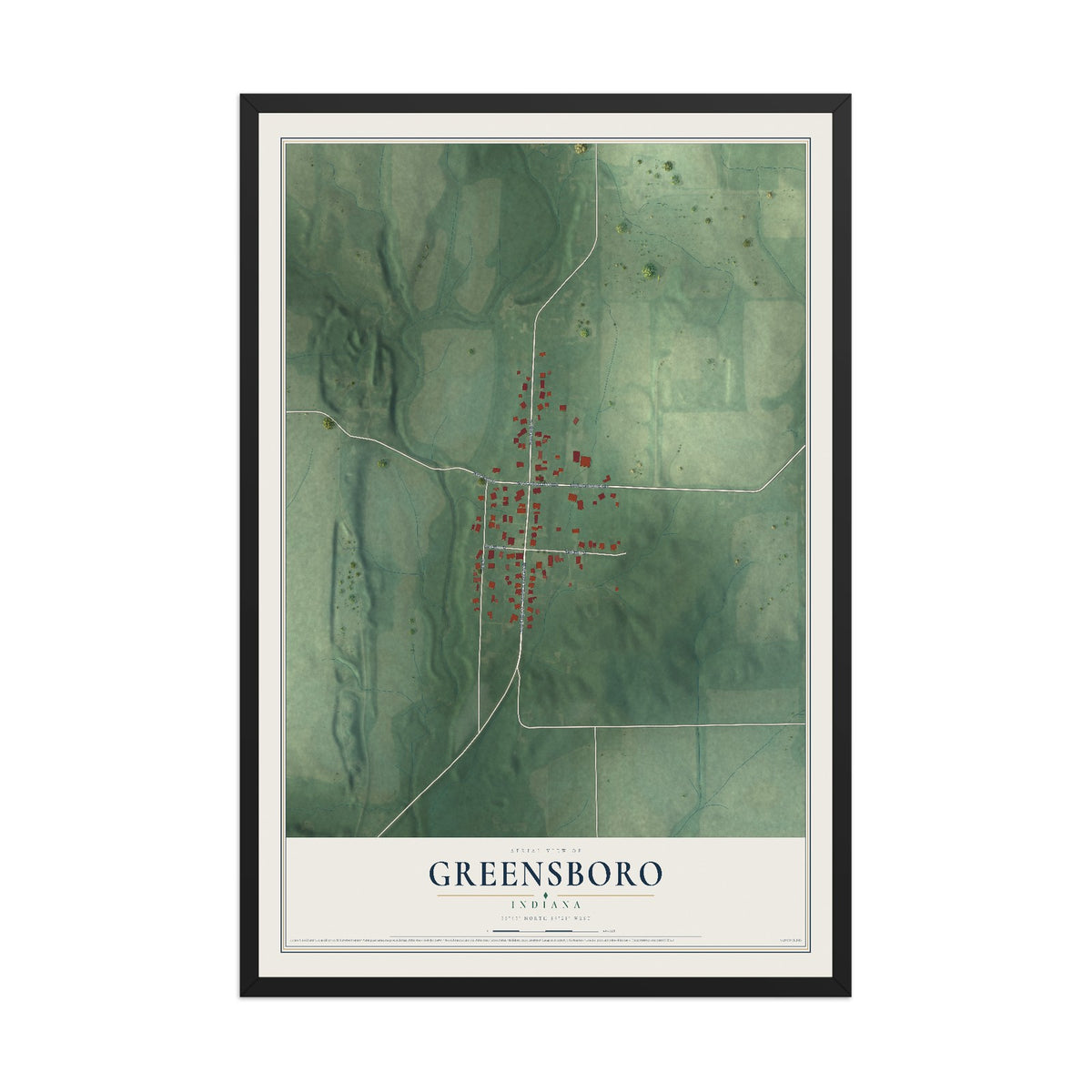 Map of Greensboro, Indiana, 12 x 18 inch print in a black wood frame