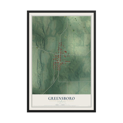 Map of Greensboro, Indiana, 12 x 18 inch print in a black wood frame