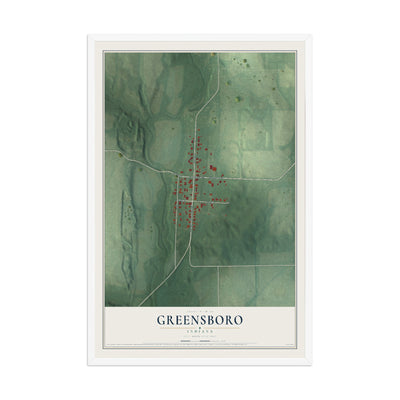 Map of Greensboro, Indiana, 12 x 18 inch print in a white wood frame