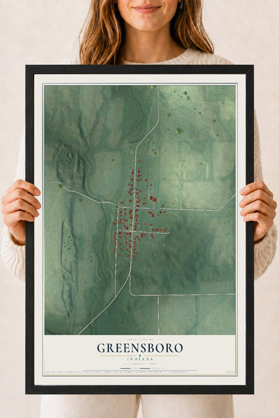 Map of Greensboro, Indiana, 18 x 24 inch print in a black wood frame
