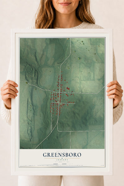 Map of Greensboro, Indiana, 18 x 24 inch print in a white wood frame