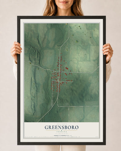 Map of Greensboro, Indiana, 24 x 36 inch print in a black wood frame