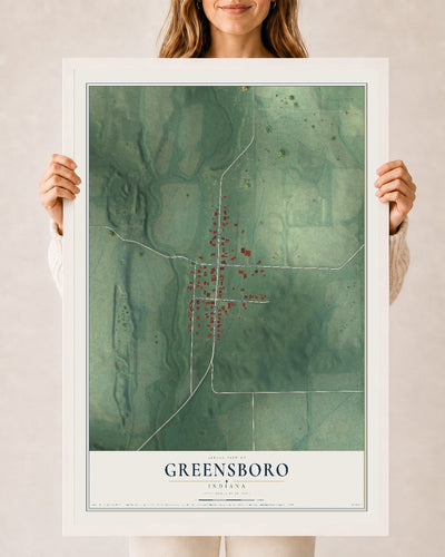 Map of Greensboro, Indiana, 24 x 36 inch print in a white wood frame