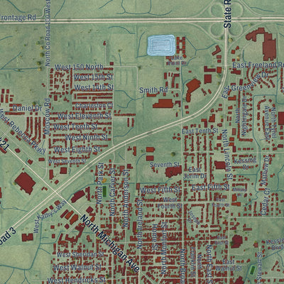 Close-up of the map of Greensburg, Indiana print showing street and building detail