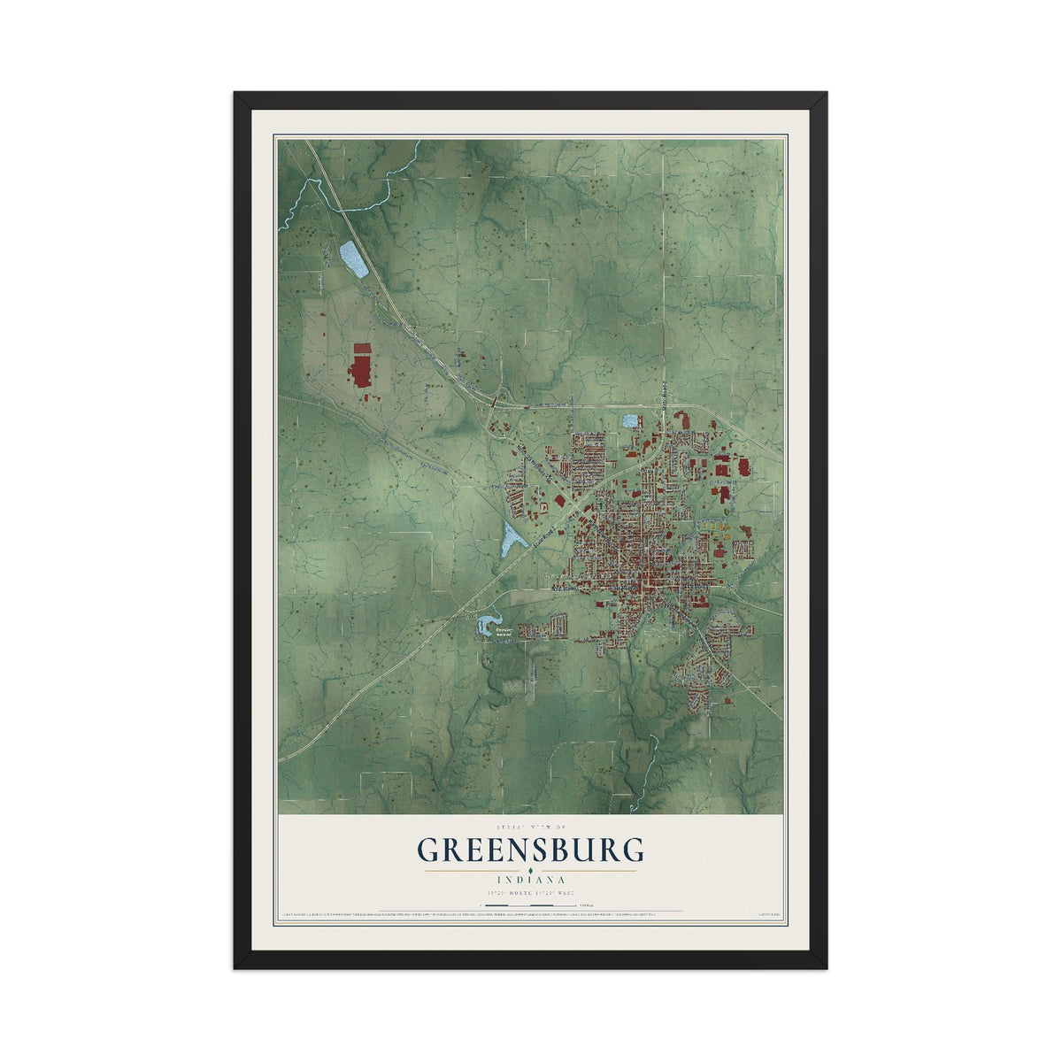 Map of Greensburg, Indiana, 12 x 18 inch print in a black wood frame