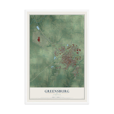 Map of Greensburg, Indiana, 12 x 18 inch print in a white wood frame