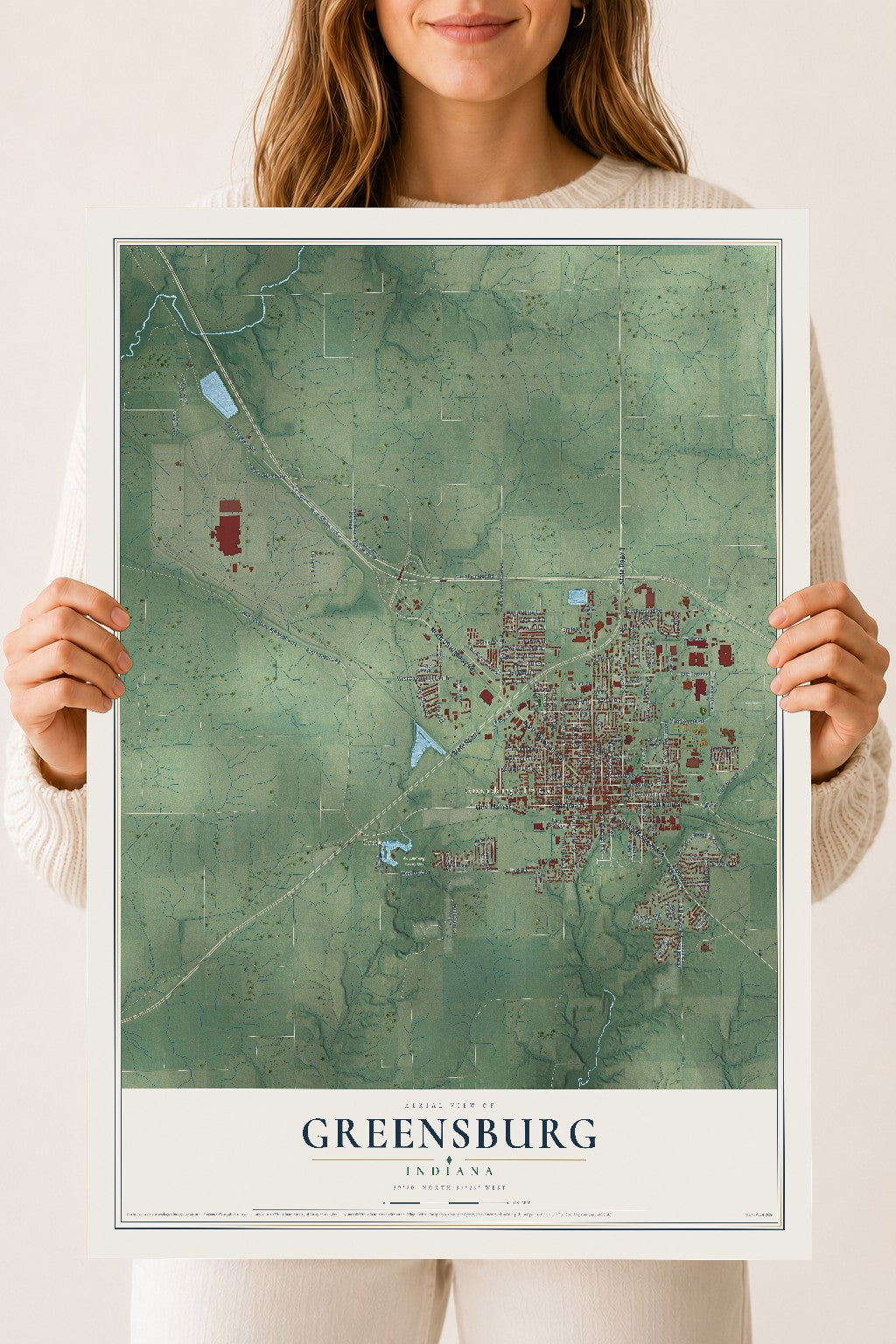 Map of Greensburg, Indiana, 18 x 24 inch unframed archival matte print
