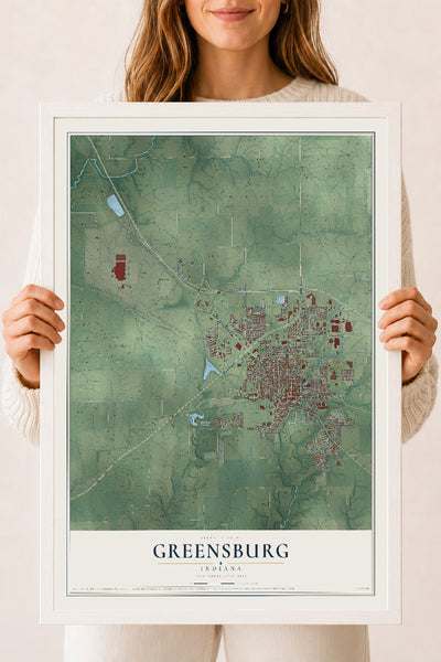 Map of Greensburg, Indiana, 18 x 24 inch print in a white wood frame