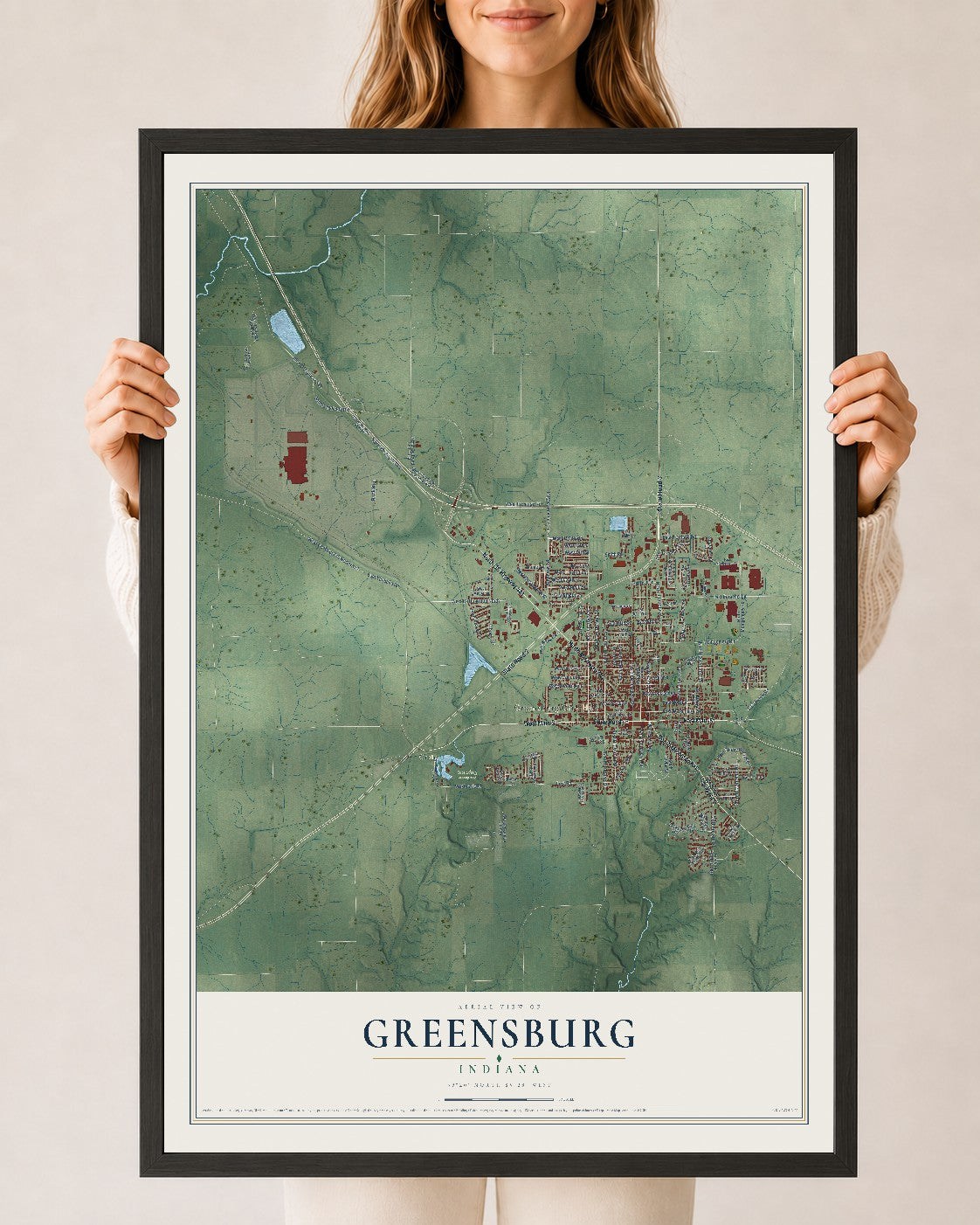 Map of Greensburg, Indiana, 24 x 36 inch print in a black wood frame