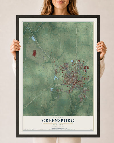 Map of Greensburg, Indiana, 24 x 36 inch print in a black wood frame
